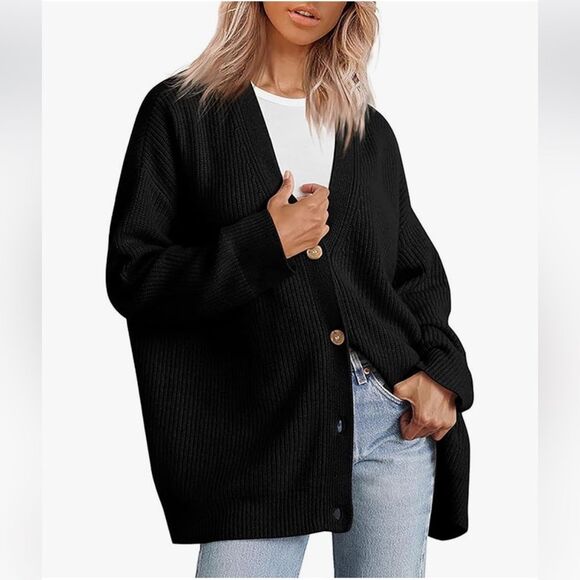 Rae mode  Womens Oversized Cardigan Sweaters Casual button down size L black NWT - Picture 1 of 10